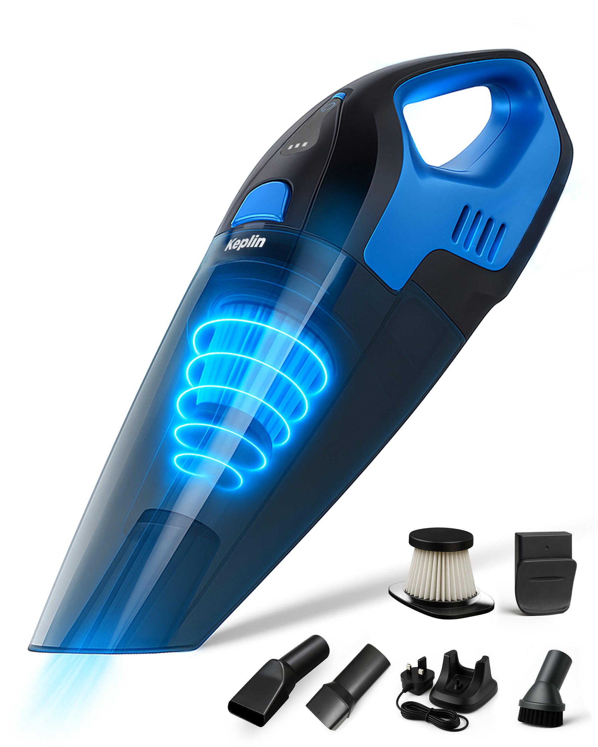 KEPLIN Cordless Handheld Vacuum Cleaner – Wet & Dry Use – 25–30 Min Runtime – 3 LED Lights – Wall Mount – 0.5L Dust Bin – Portable Mini Vacuum for Car, Home & Pet Hair – 7.4V 50W Power