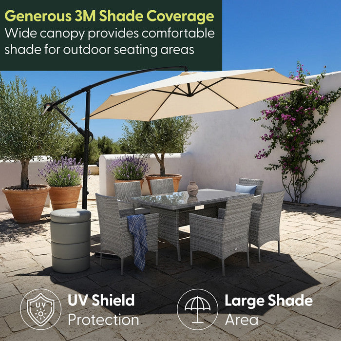 3m cream cantilever garden parasol shading rattan garden dining set on a patio – UV protection and large shade area for outdoor seating