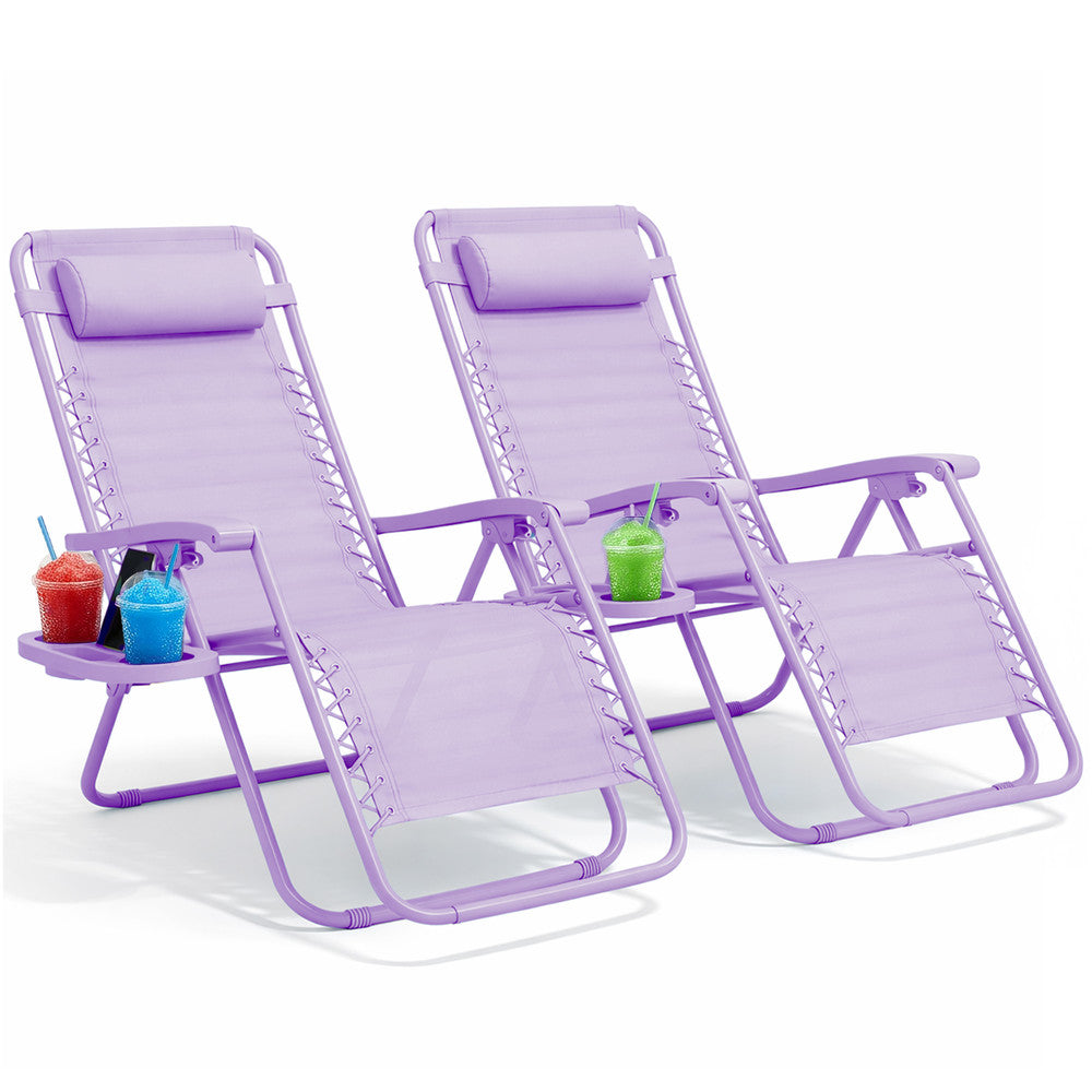 KEPLIN Set of 2 Heavy Duty Monocolour and Basic Textoline Zero Gravity Chairs for Garden Light Reclining Patio Sun loungers Easy to Clean Adjustable Head Rest Foldable with Cup & Phone Holder