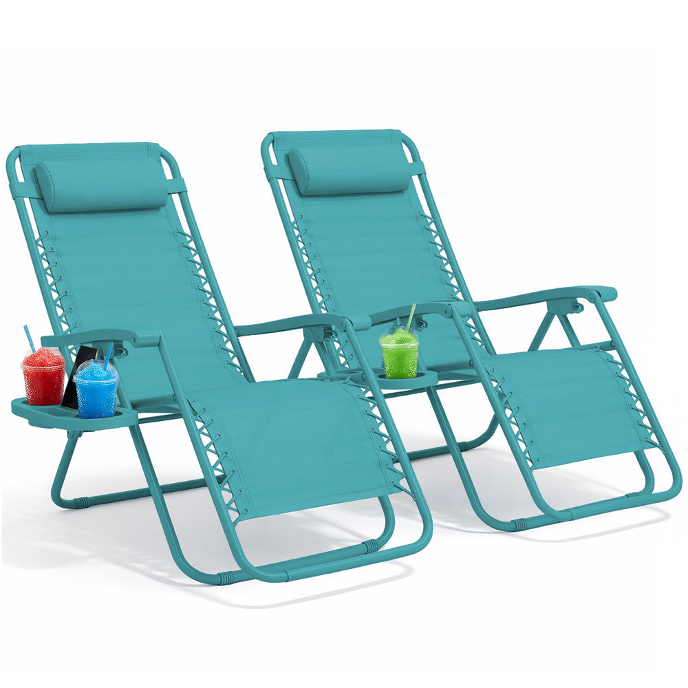 KEPLIN Set of 2 Heavy Duty Monocolour and Basic Textoline Zero Gravity Chairs for Garden Light Reclining Patio Sun loungers Easy to Clean Adjustable Head Rest Foldable with Cup & Phone Holder
