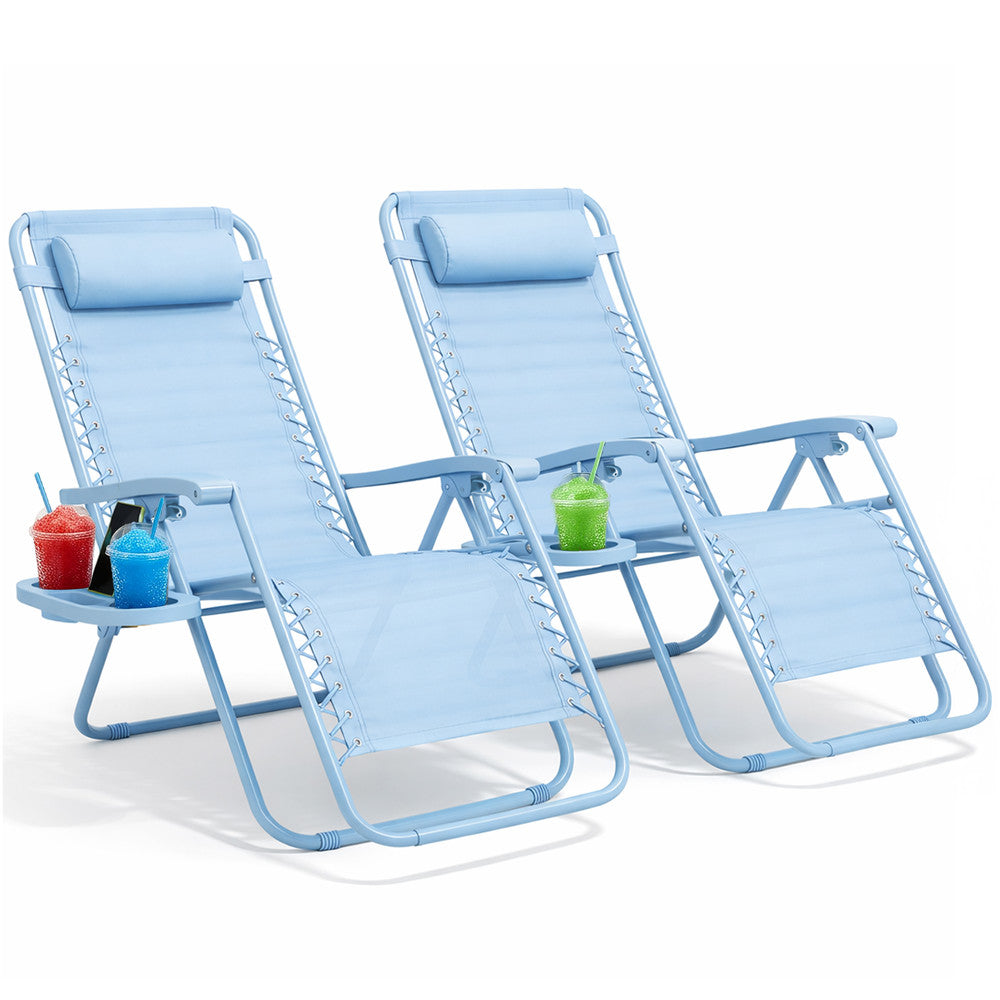 KEPLIN Set of 2 Heavy Duty Monocolour and Basic Textoline Zero Gravity Chairs for Garden Light Reclining Patio Sun loungers Easy to Clean Adjustable Head Rest Foldable with Cup & Phone Holder