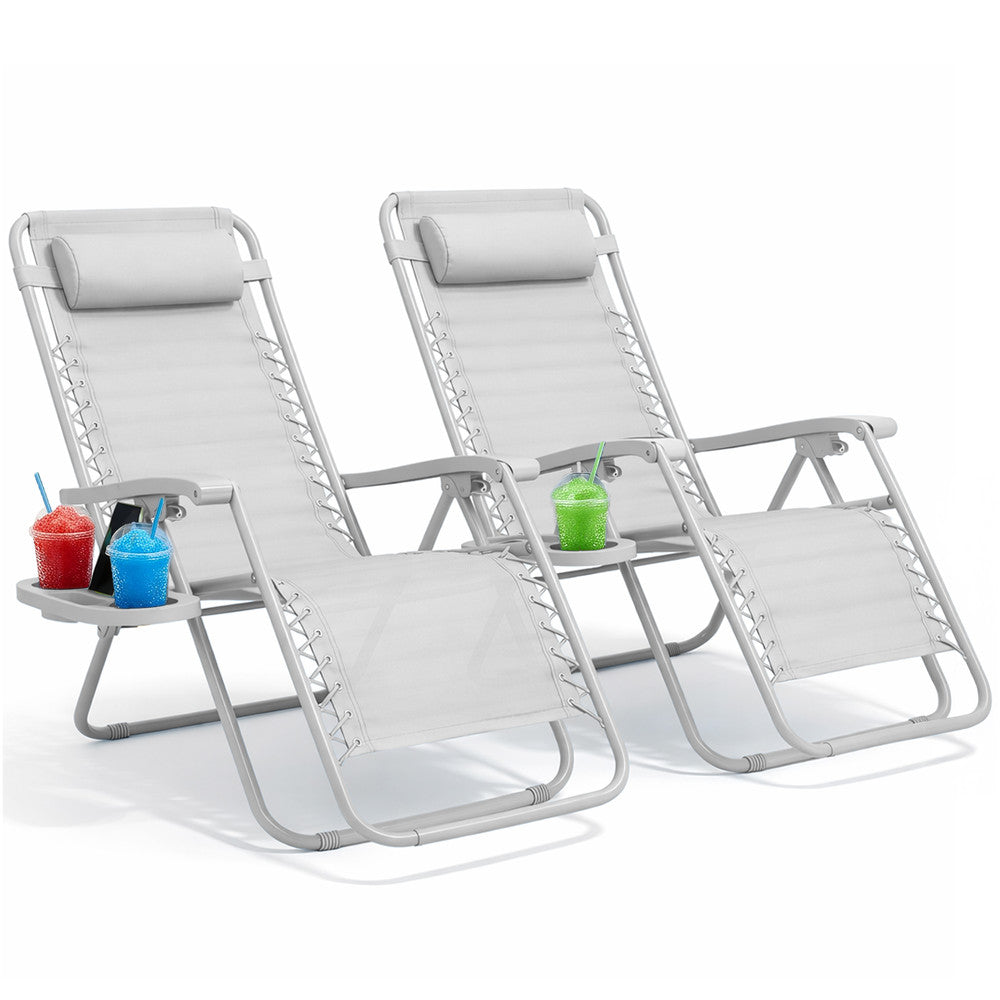 KEPLIN Set of 2 Heavy Duty Monocolour and Basic Textoline Zero Gravity Chairs for Garden Light Reclining Patio Sun loungers Easy to Clean Adjustable Head Rest Foldable with Cup & Phone Holder
