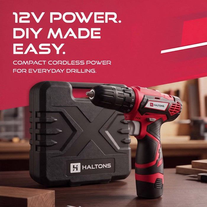 Haltons 12V cordless drill driver with hard carry case on workbench – compact drill set UK
