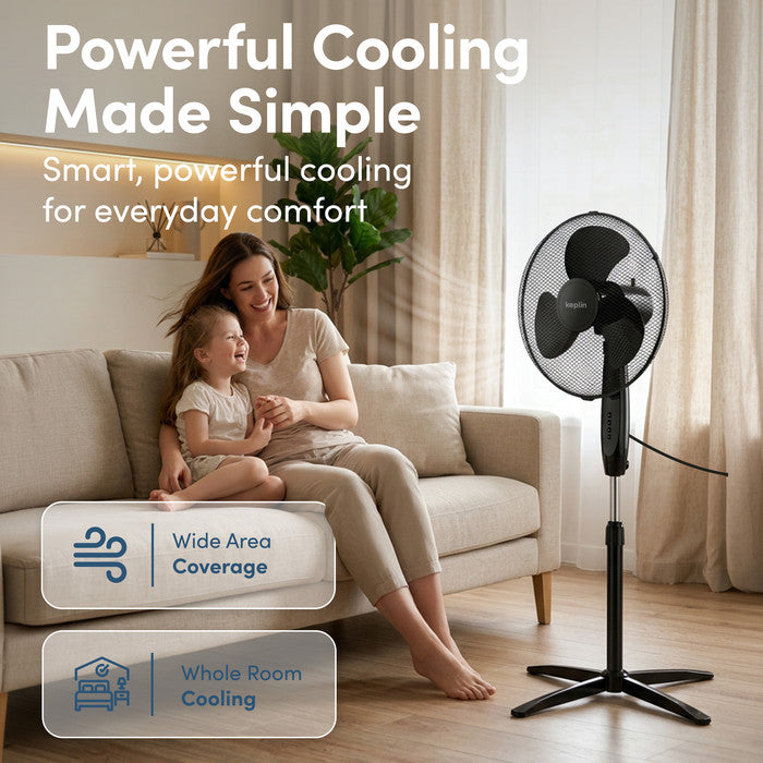 Black 16 inch pedestal fan in living room providing whole-room oscillating airflow