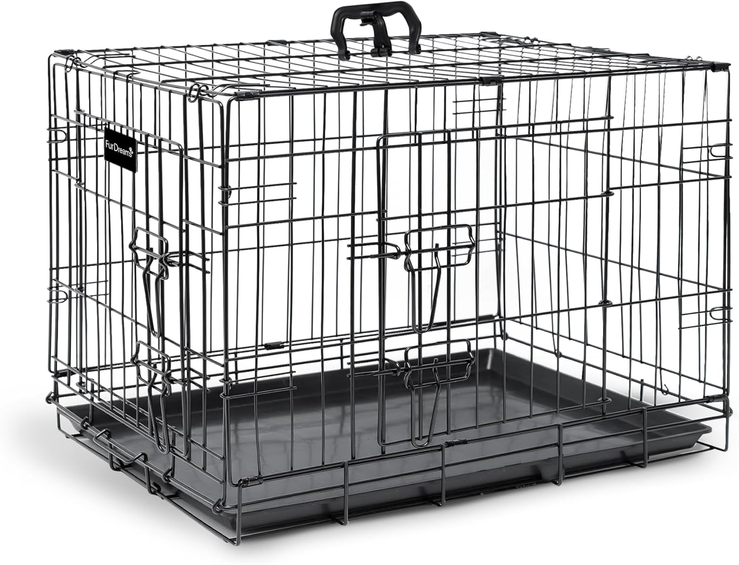 FurDreams 42-Inch Heavy Duty Dog Crate – Black Metal Folding Cage with Dual Doors, Chew-Resistant Plastic Tray, and Carry Handle – Perfect for Puppy Training