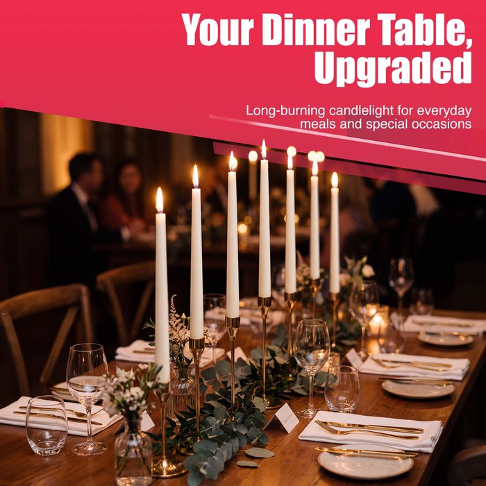 Haltons Tapered Dinner Candles - 50pk - 7-Hour Burn Time Dinner Candles, Unscented, Non-Drip & Smoke Free