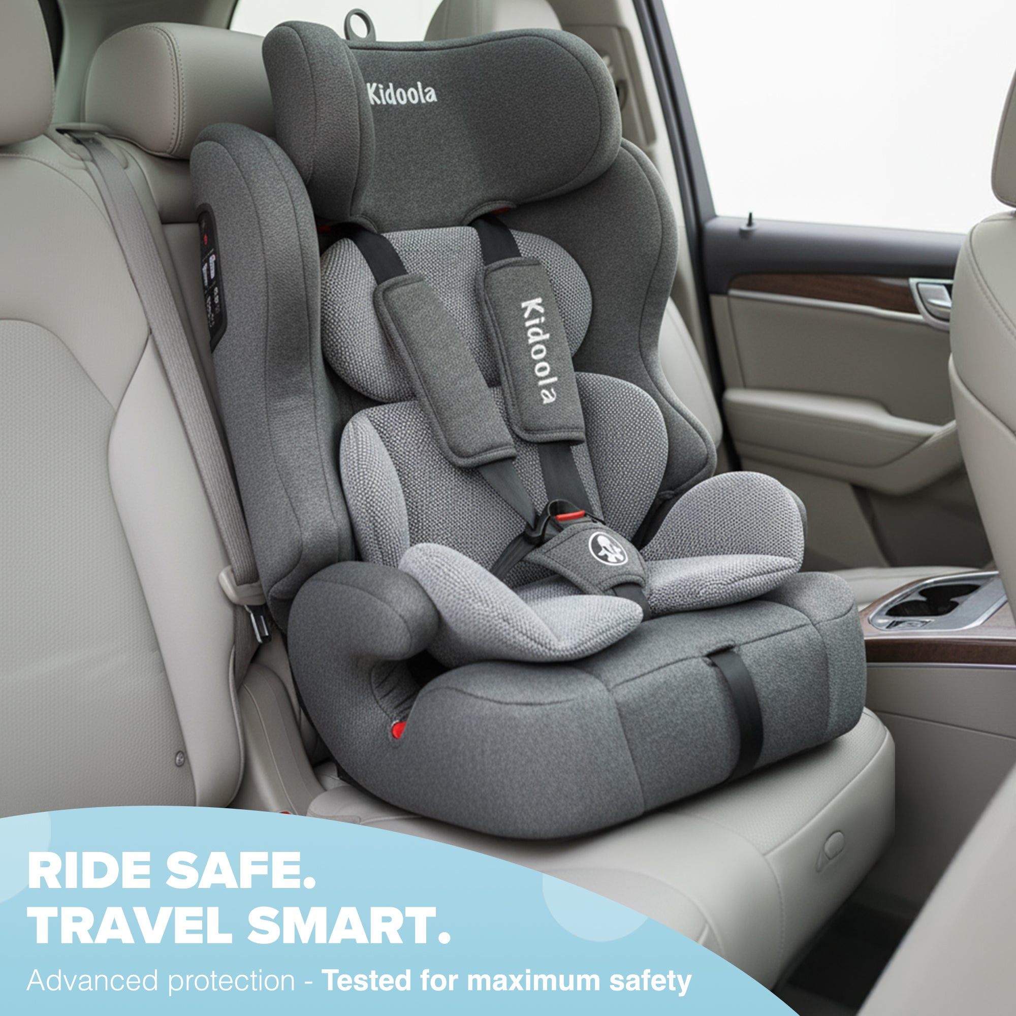 Kidoola ISOFIX Car Seat for Children 15 Months–12 Years, R129 i-Size Approved 76–150 cm, Forward Facing with Adjustable 10-Position Headrest, Side Impact Protection & Soft Cushion Insert