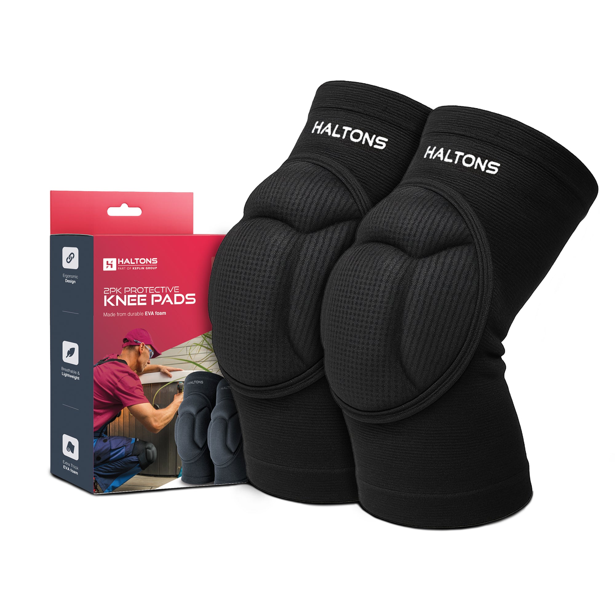 Haltons - 2 Pack Knee Pads Black, EVA Foam Padding - Lightweight & Breathable - Slim Fit for Sports, Work & DIY - Anti-Slip Grip - Flexible Nylon/Spandex