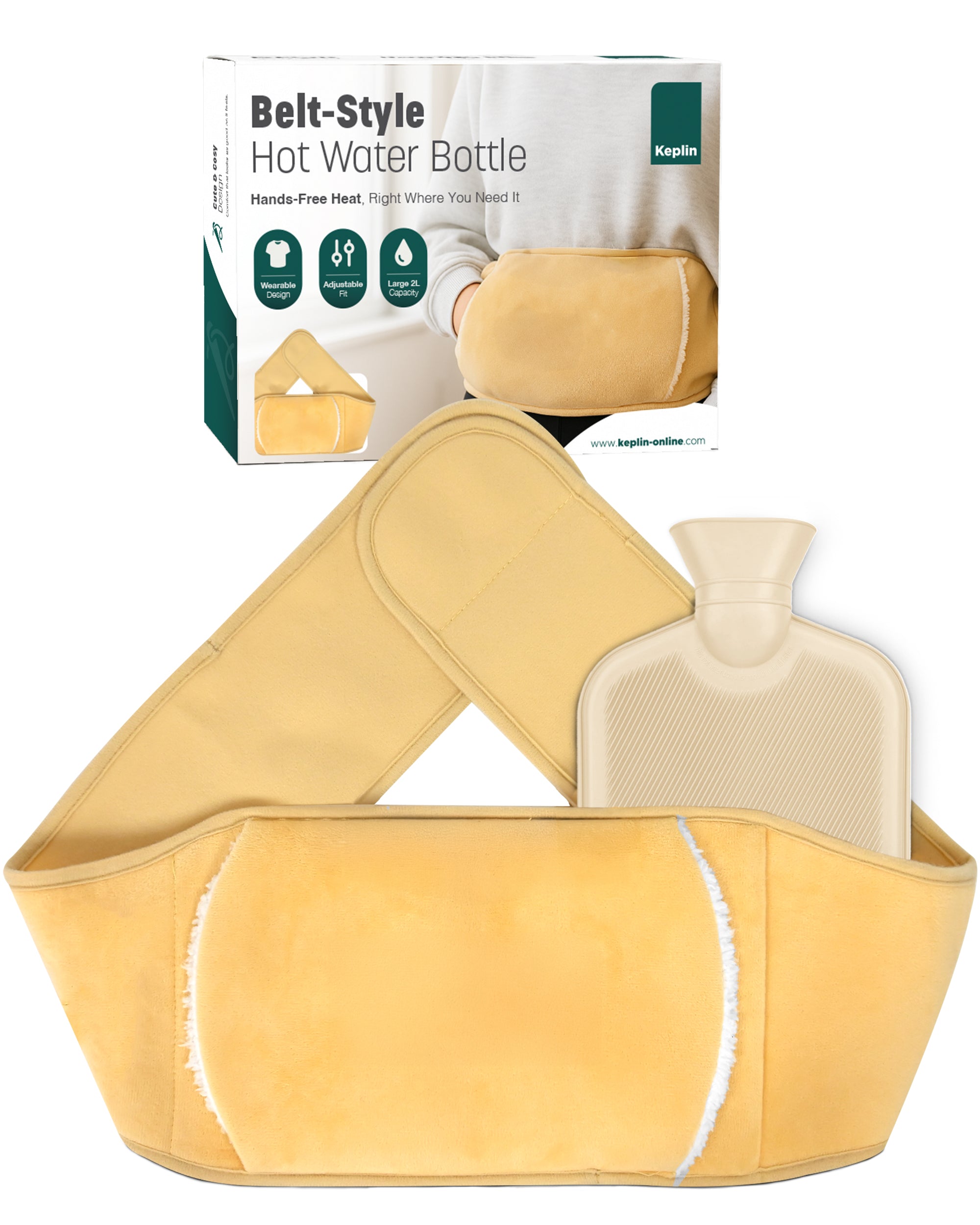 KEPLIN Hot Water Bottle Belt with Plush Waist Cover - 2L Premium Natural Rubber Hot Water Bag for Cramps & Muscle Relaxation - Safe, Durable, Long-Lasting Heat Therapy