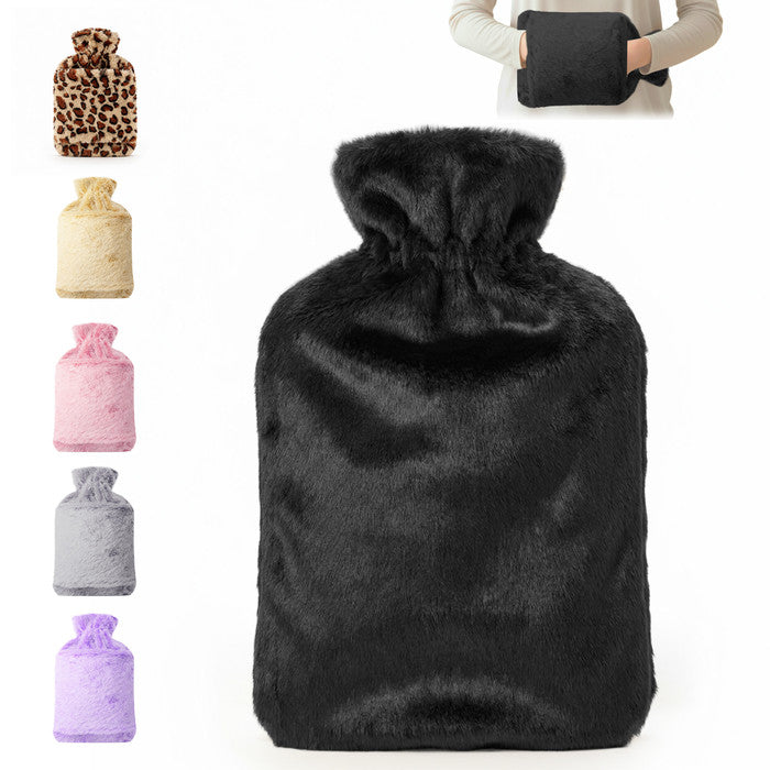 Faux Fur Hot Water Bottle - Soft Cover, Natural Rubber - Black swatch