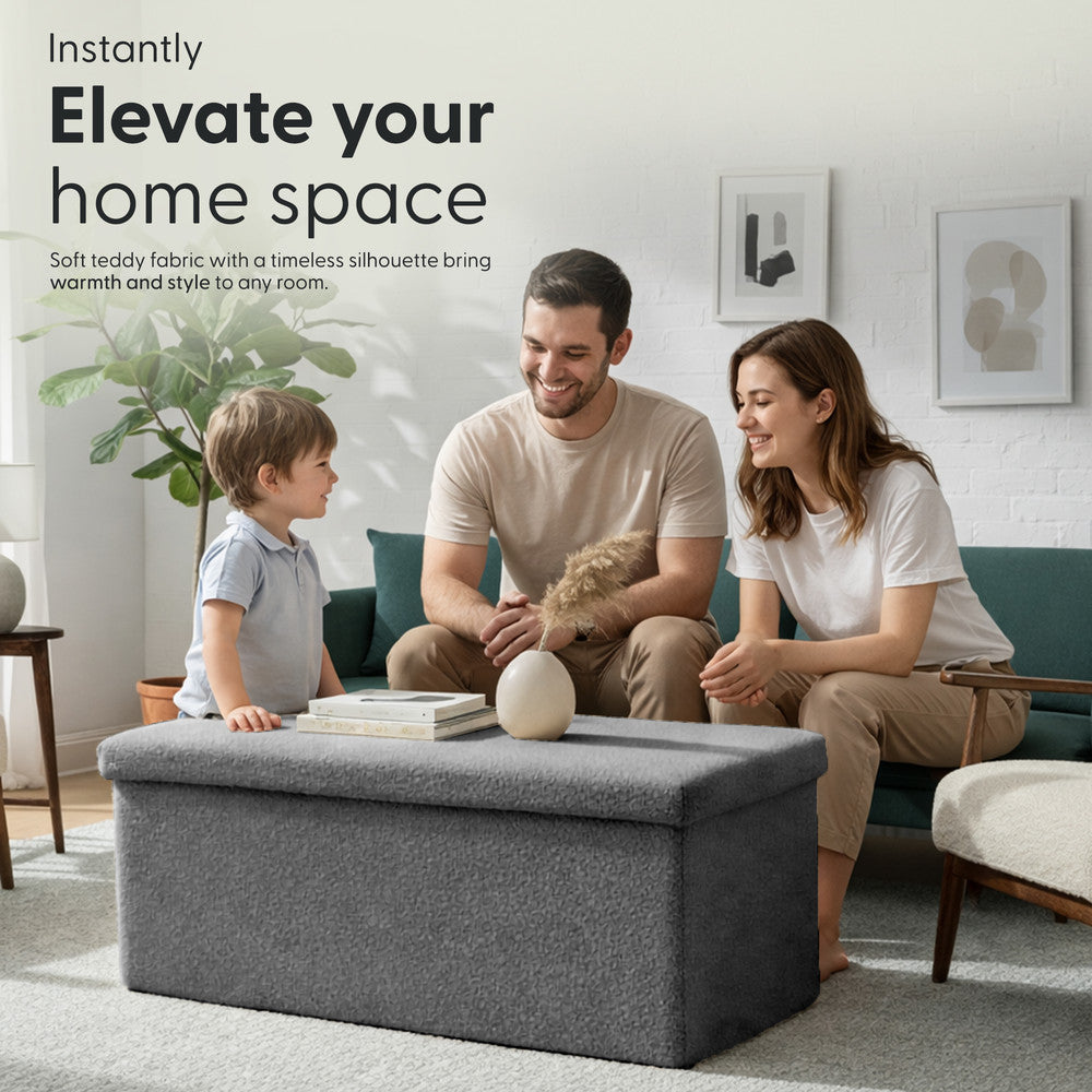 KEPLIN Storage Ottoman Bench 76×38×38 cm – Large 90 L Hidden Storage, Rapid Fold‐Flat Design, 150kg Load Capacity, Tufted Teddy Fabric Finish – Ideal for Hallway, Bedroom, Living Room