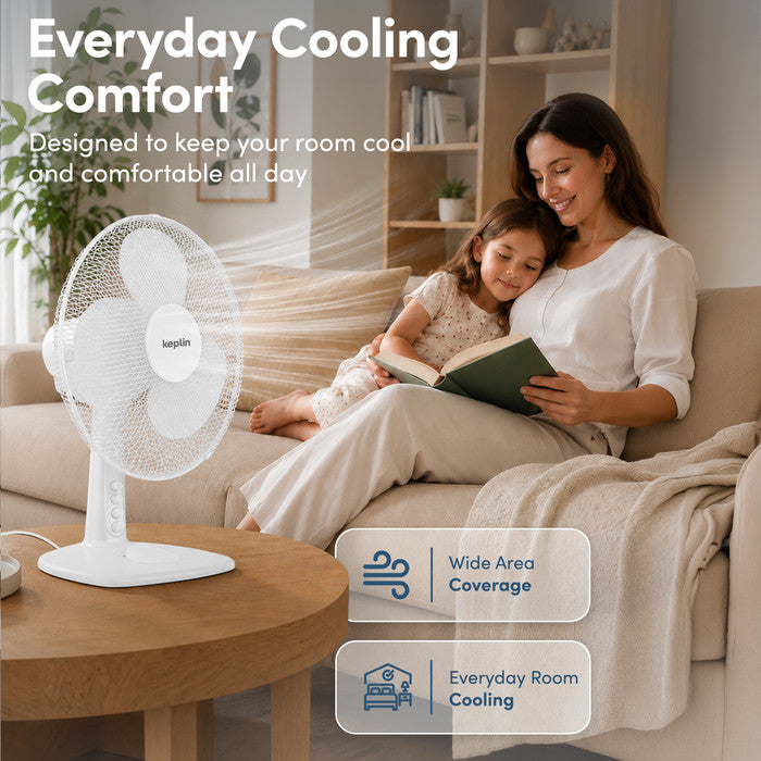 White 12 inch desk fan on living room table for everyday quiet cooling comfort