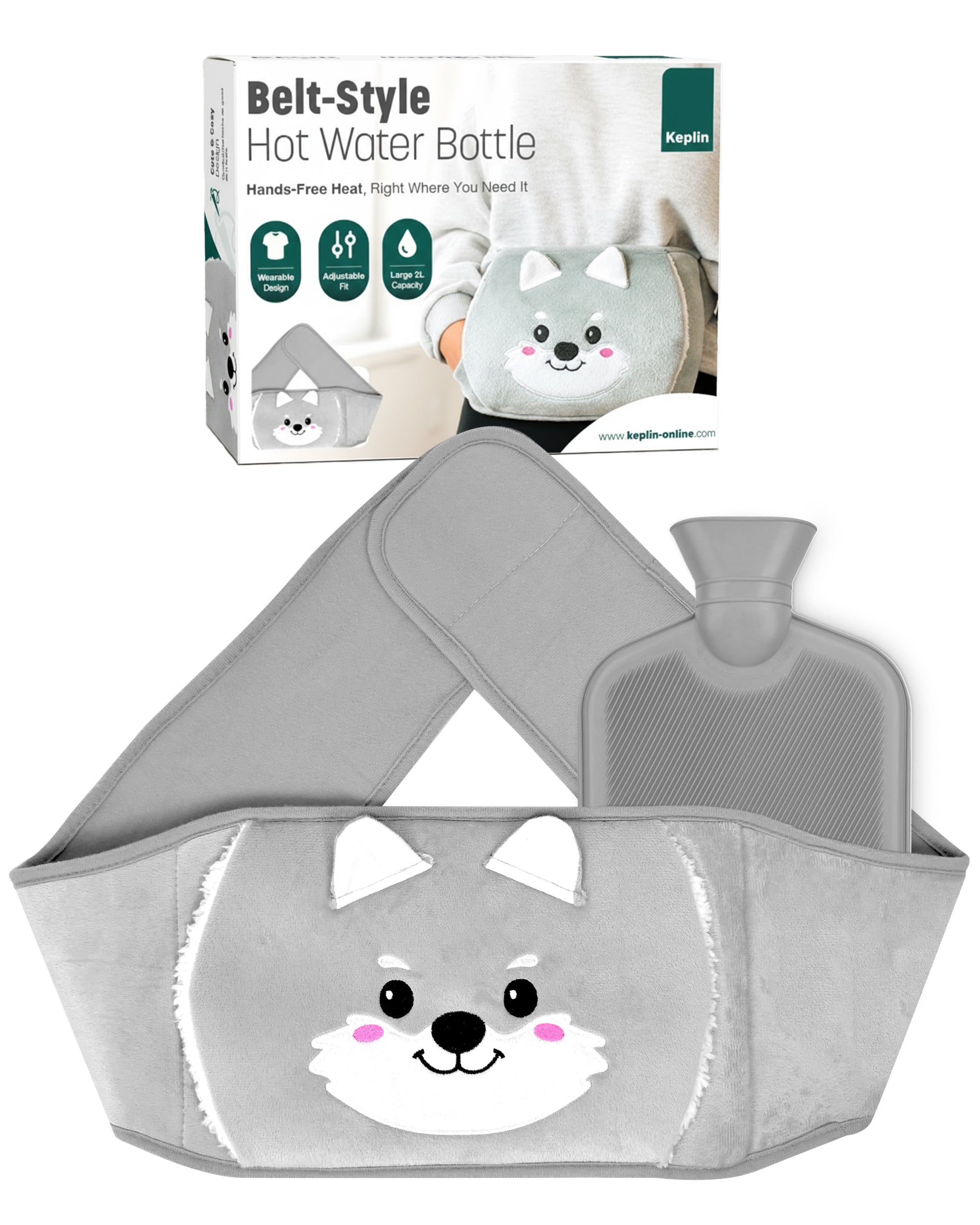 KEPLIN Hot Water Bottle Belt with Plush Waist Cover - 2L Premium Natural Rubber Hot Water Bag for Cramps & Muscle Relaxation - Safe, Durable, Long-Lasting Heat Therapy