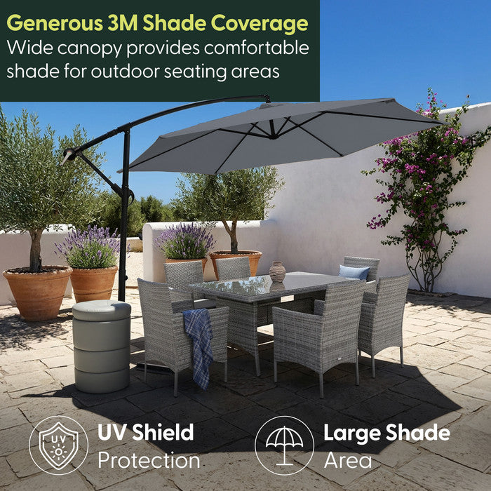 3m grey cantilever garden parasol shading rattan garden dining set on a patio – UV protection and large shade area for outdoor seating