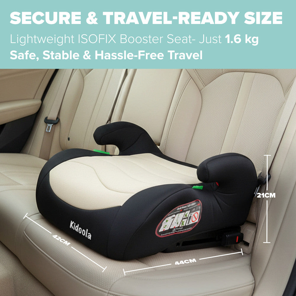 Cream grey ISOFIX booster seat with child – backless car seat for older children aged 125–150cm