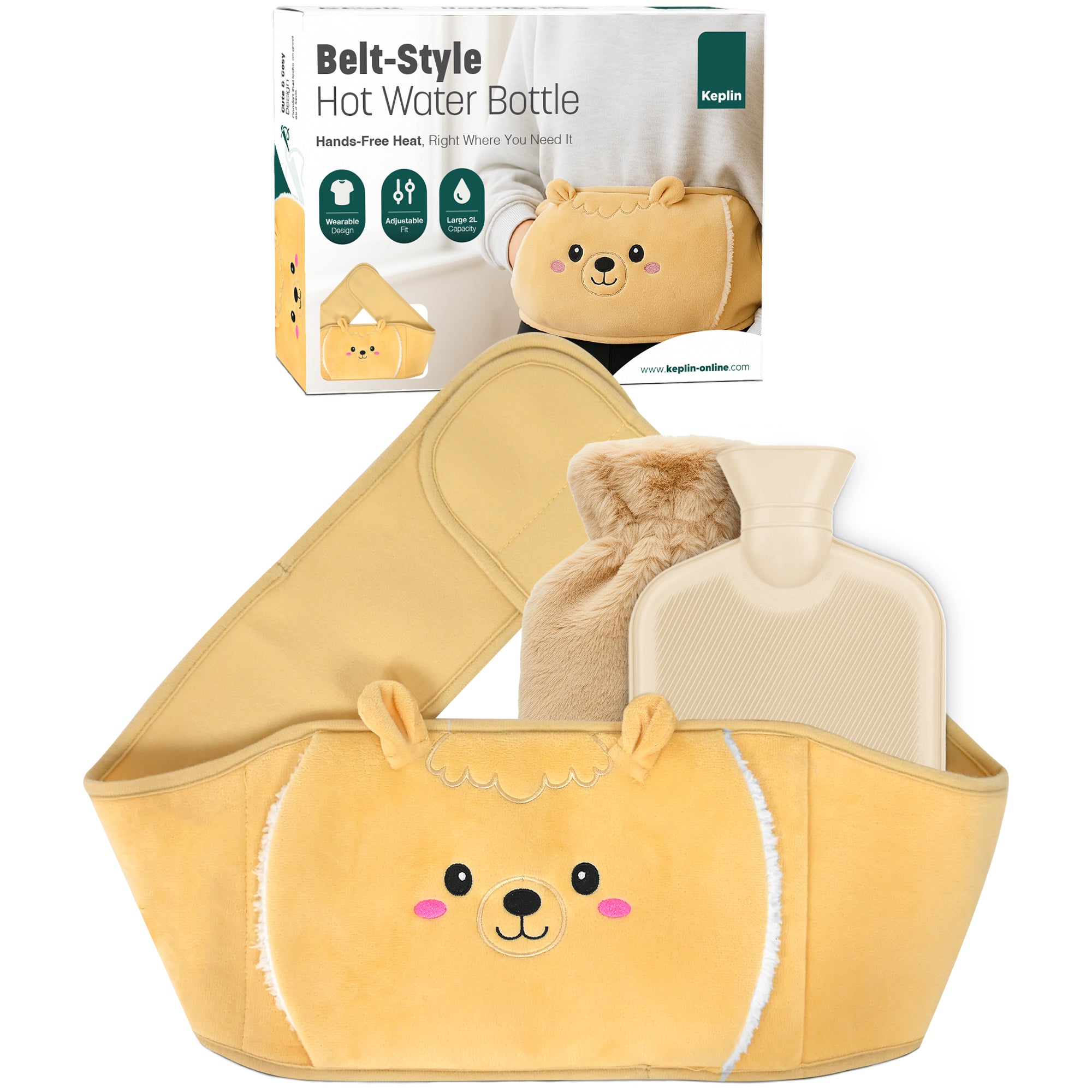 KEPLIN Hot Water Bottle Belt with Plush Waist Cover - 2L Premium Natural Rubber Hot Water Bag for Cramps & Muscle Relaxation - Safe, Durable, Long-Lasting Heat Therapy
