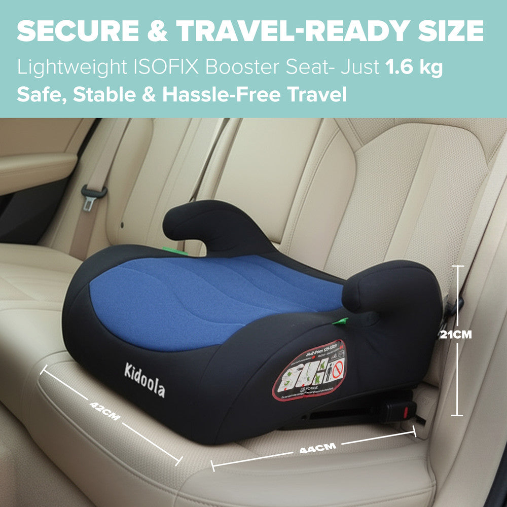 Blue ISOFIX booster seat with child – correct seatbelt routing for R129 forward-facing car seat