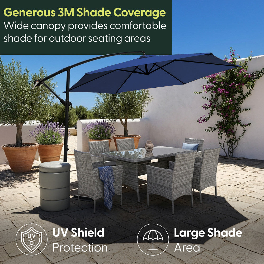 3m navy blue cantilever garden parasol shading rattan patio dining set – UV protection and large shade area for outdoor seating