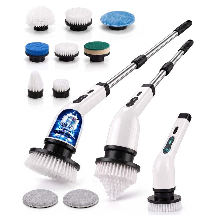 Cordless electric spin scrubber 9 in 1 with 130cm telescopic pole and 9 brush heads