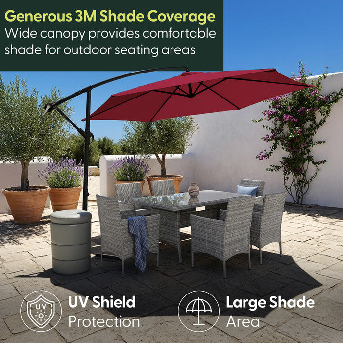 3m burgundy cantilever garden parasol shading rattan garden dining set on a patio – UV protection and large shade area for outdoor seating