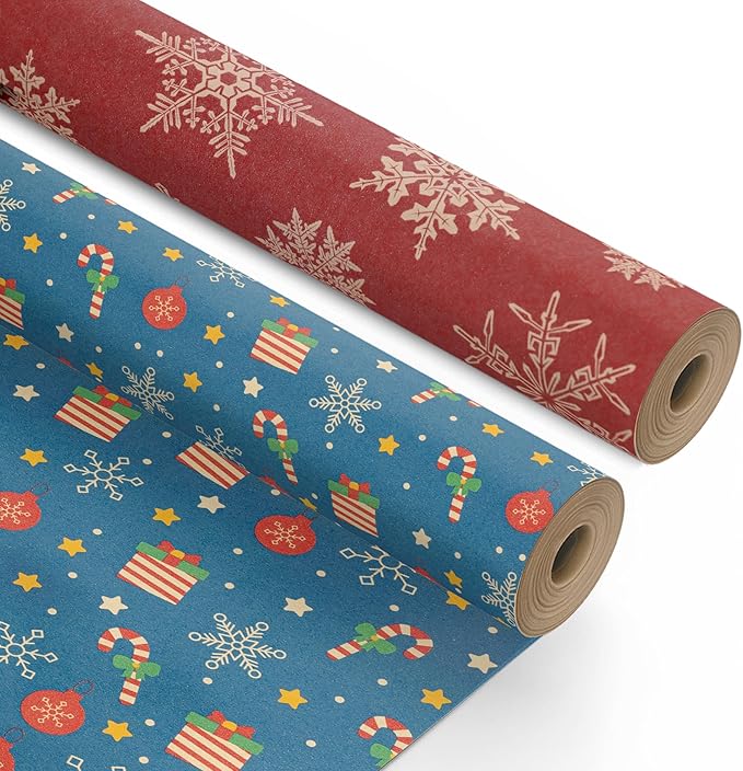 Kraft & Co 2 Pack Christmas Wrapping Paper Roll - Festive Designed Recyclable Kraft Paper, Perfect for Holiday Gifts, Arts & Crafts-Wrapping for a Merry Christmas (44.5cm x 25m)