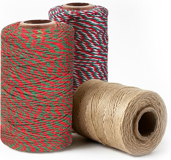 Merrimen Biodegradable Jute Christmas Wrapping Twine – 3 Rolls of Strong 3-Ply Natural Twine for Gift Wrapping, DIY Crafts, and Holiday Decorations – 500ft per Roll