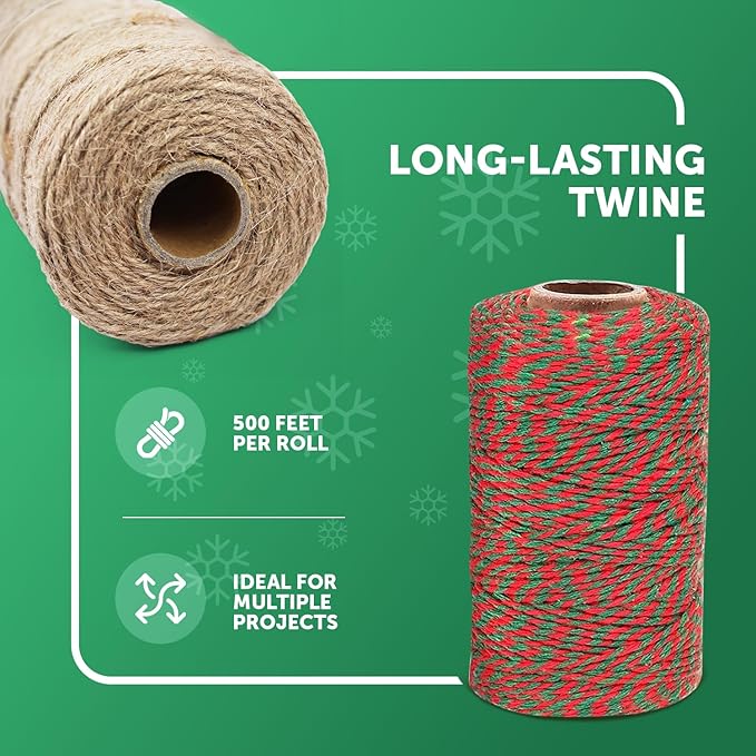 Merrimen Biodegradable Jute Christmas Wrapping Twine – 3 Rolls of Strong 3-Ply Natural Twine for Gift Wrapping, DIY Crafts, and Holiday Decorations – 500ft per Roll