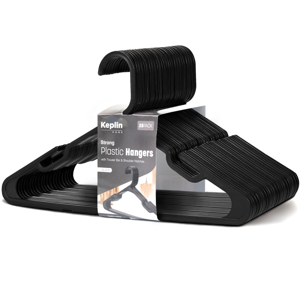 Keplin black plastic coat hangers pack of 25, slim strong clothes hangers UK