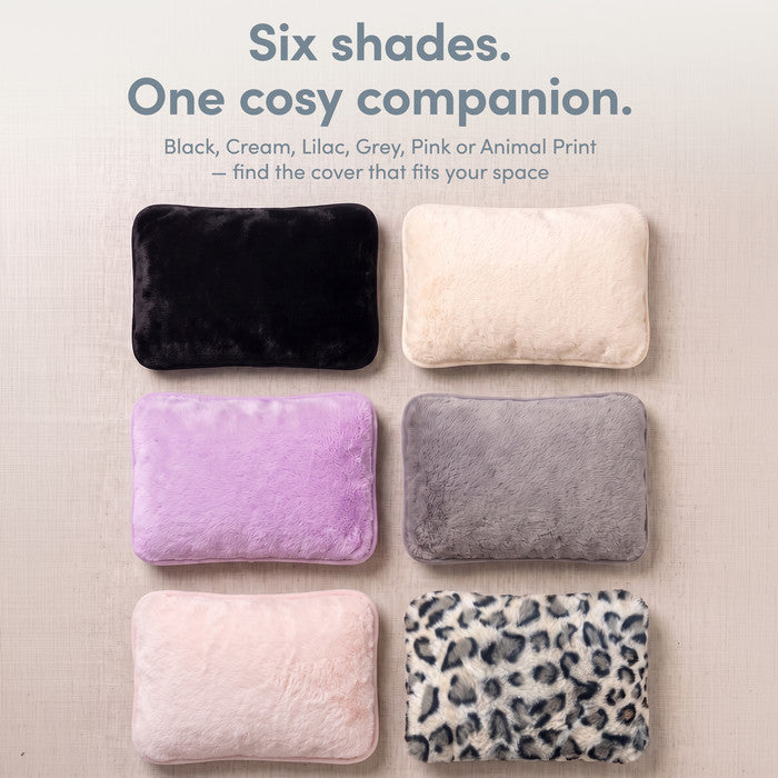 Black shown with all six electric hot water bottle cover shades in the Keplin range