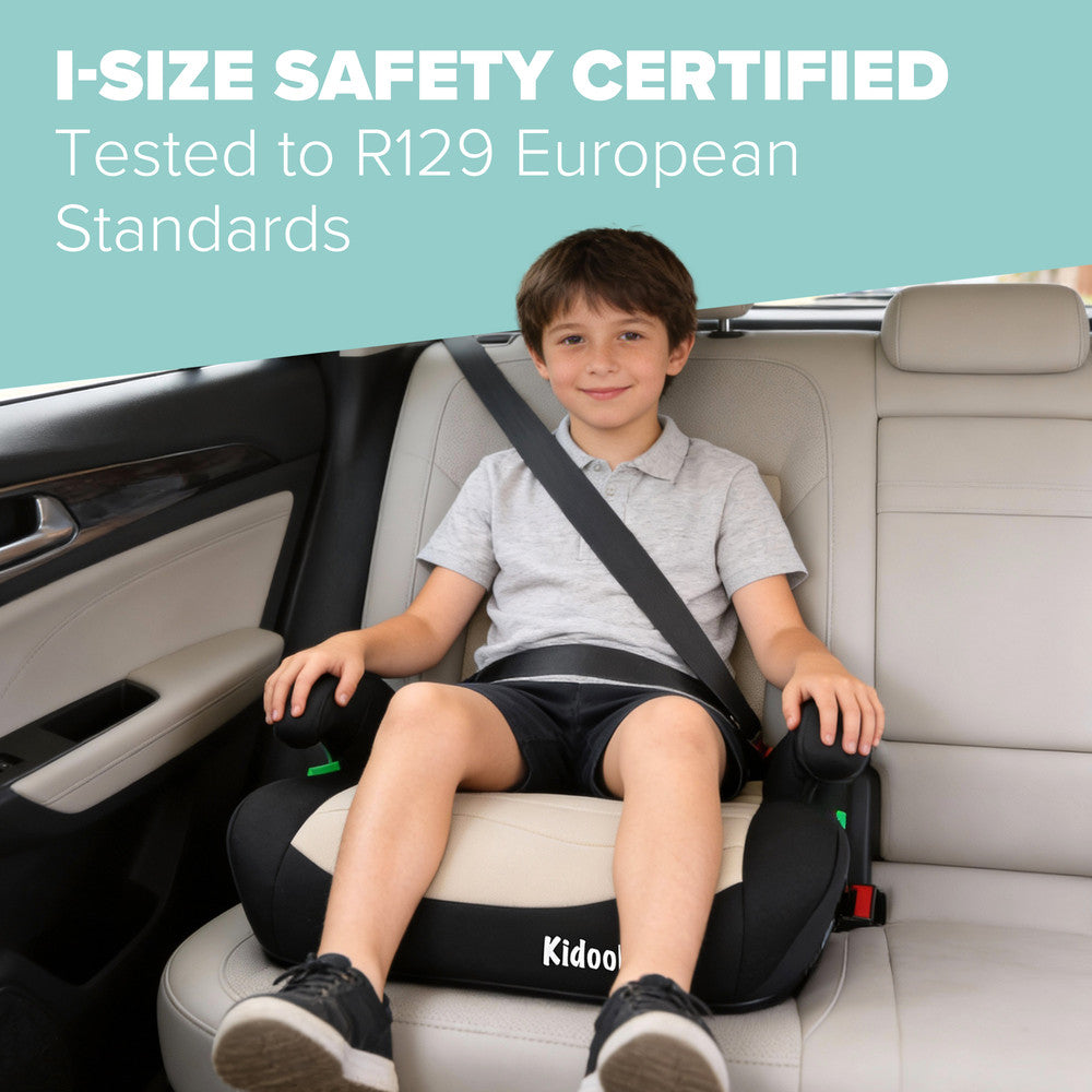 Cream grey backless booster seat top view – compact ISOFIX car seat for school run and travel