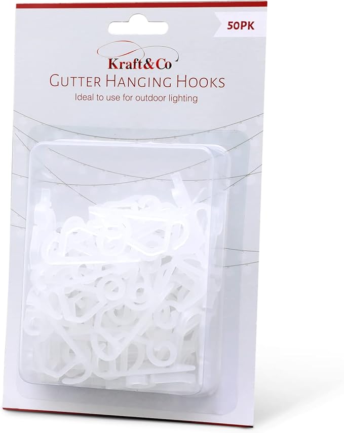 Kraft & Co 50 Gutter Hooks – Outdoor Hanging Clips for Lighting | Perfect for Garden String Lights, Christmas Fairy Lights | Strong Plastic Mini Guttering Hooks for Decorations