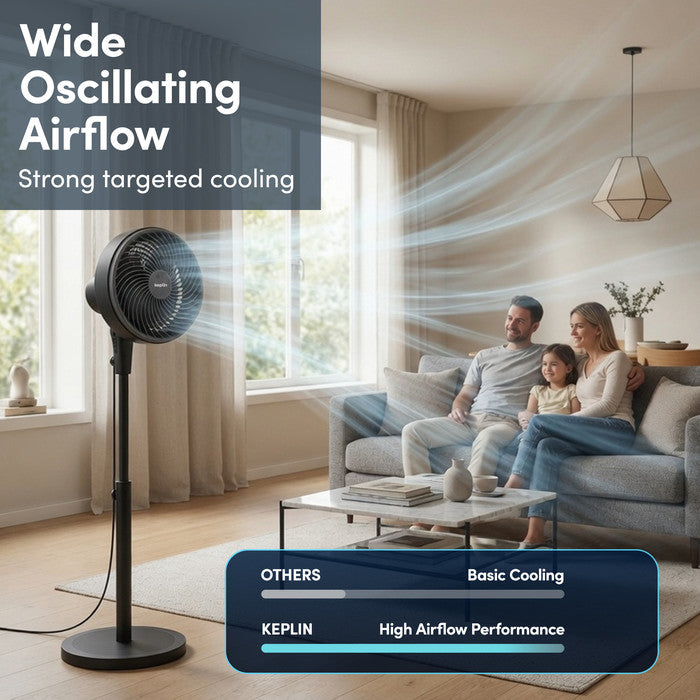 10 inch black pedestal fan with wide airflow in living room