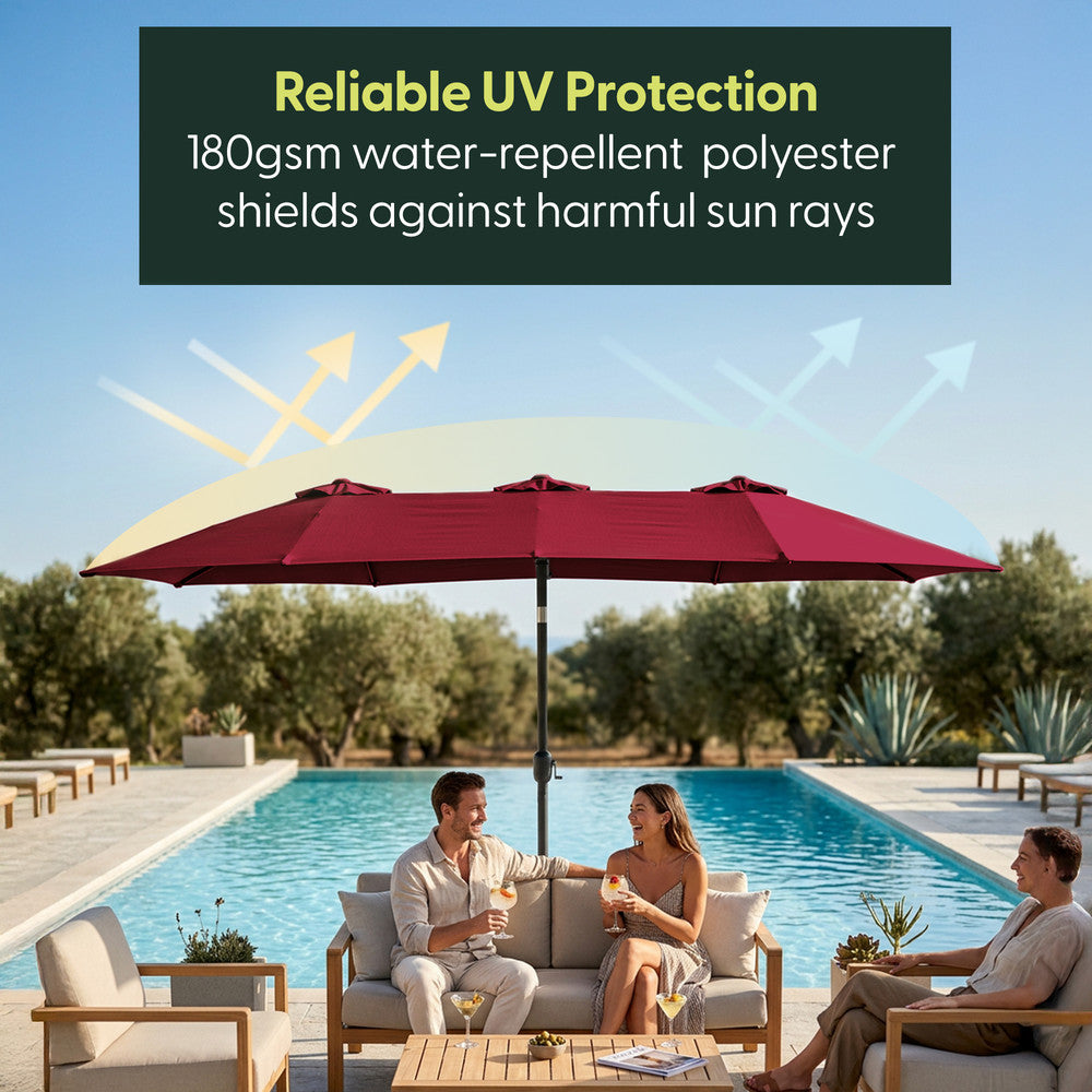 Red double parasol shading people by a poolside – UV and weather resistant 180gsm canopy