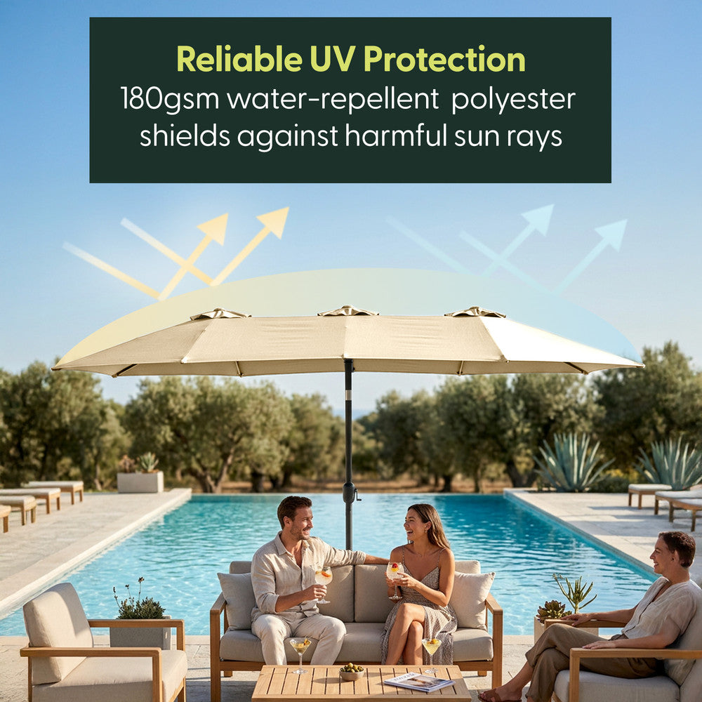 Cream double parasol shading people by a poolside – UV and weather resistant 180gsm canopy