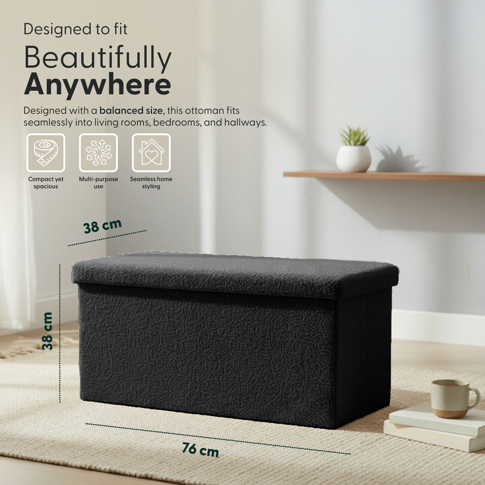 KEPLIN Storage Ottoman Bench 76×38×38 cm – Large 90 L Hidden Storage, Rapid Fold‐Flat Design, 150kg Load Capacity, Tufted Teddy Fabric Finish – Ideal for Hallway, Bedroom, Living Room