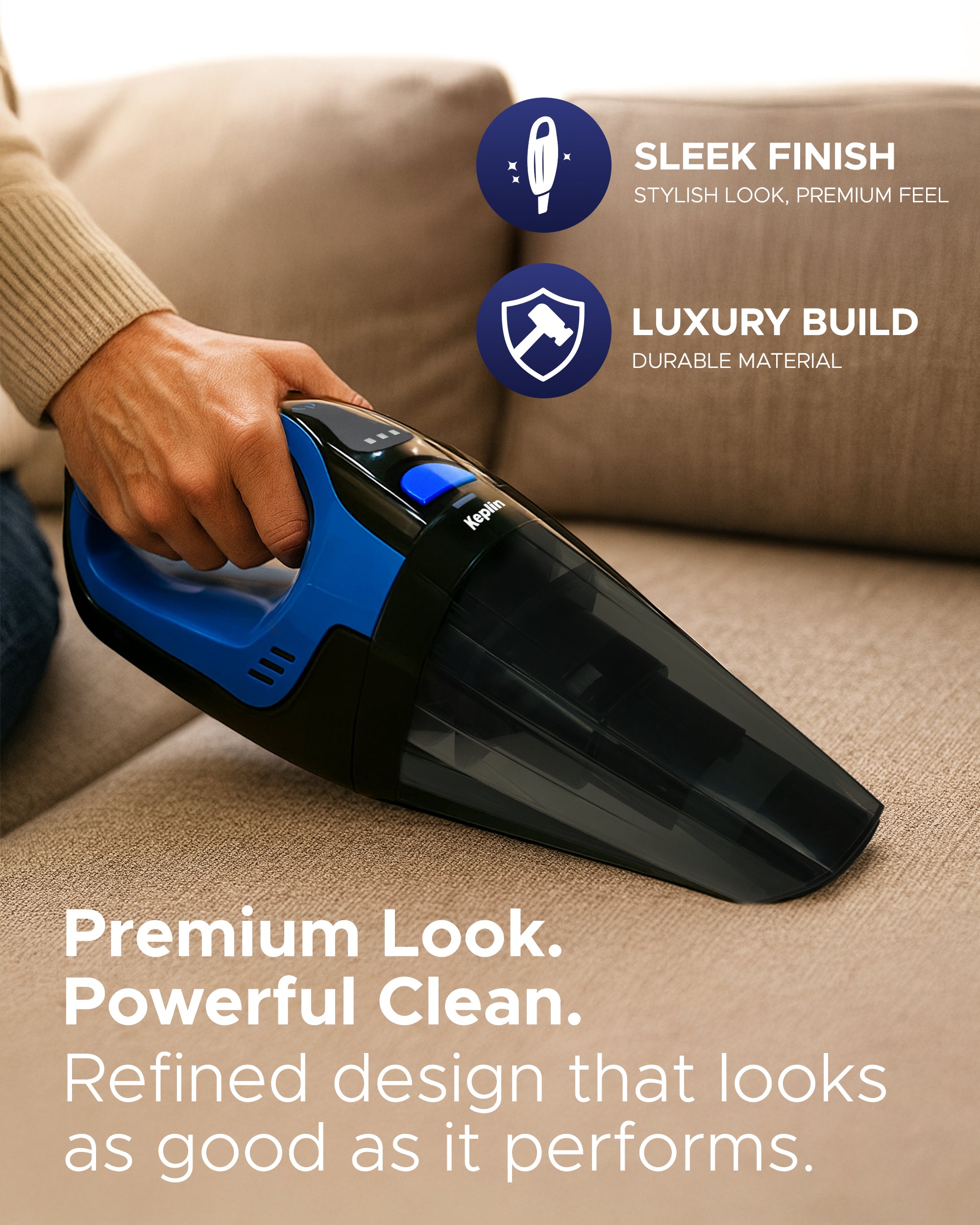 KEPLIN Cordless Handheld Vacuum Cleaner – Wet & Dry Use – 25–30 Min Runtime – 3 LED Lights – Wall Mount – 0.5L Dust Bin – Portable Mini Vacuum for Car, Home & Pet Hair – 7.4V 50W Power