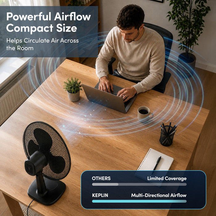 12 inch oscillating desk fan with 85° oscillation circulating air across home office