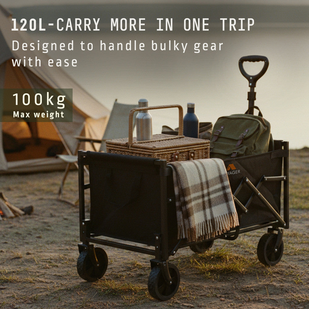 Voyager Lightweight Camping Wagon – 100 Kg Capacity – Ultra Lightweight Foldable Outdoor Cart – Compact Design, Durable Fabric, Easy Portability – Camping & Outdoor Trolley-120L