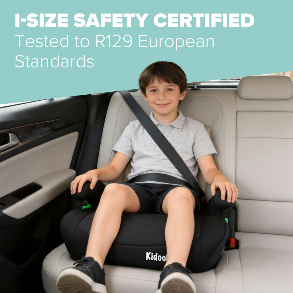 ISOFIX booster seat angled view – cushioned backless car seat for children aged 125–150cm