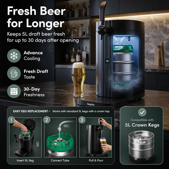 Keplin 5L beer dispenser keeping draft beer fresh for up to 30 days, with easy 3-step keg replacement – compatible with 5L crown kegs