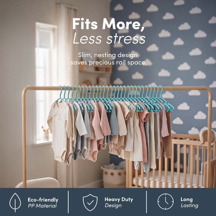 Teal nursery hangers holding a full rail of baby clothes to save rail space