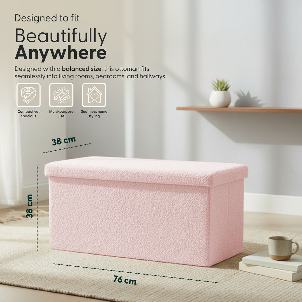 KEPLIN Storage Ottoman Bench 76×38×38 cm – Large 90 L Hidden Storage, Rapid Fold‐Flat Design, 150kg Load Capacity, Tufted Teddy Fabric Finish – Ideal for Hallway, Bedroom, Living Room