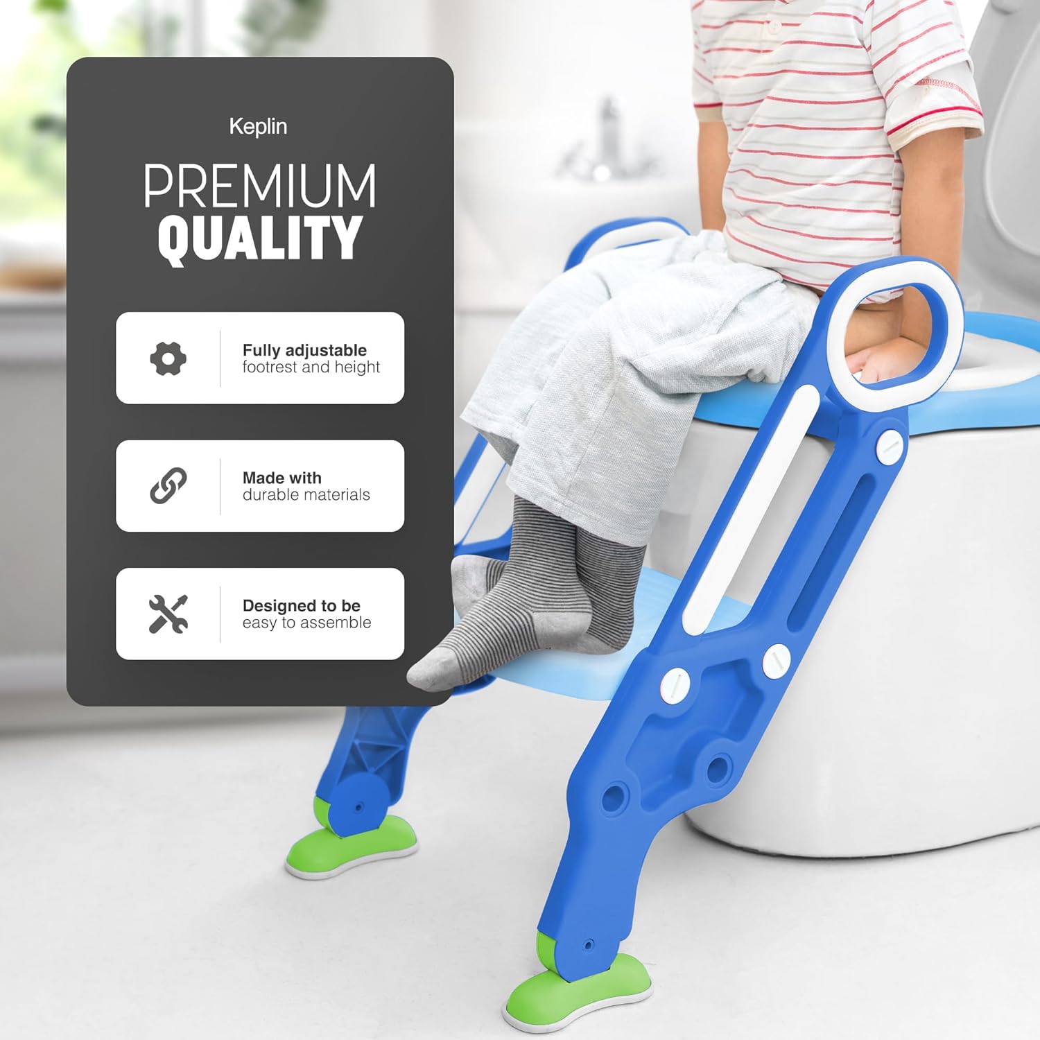 Keplin Adjustable Kids Potty Training Seat with Step Stool – Soft Padded, Universal Fit for V/U/O-Shaped Toilets, Ages 1-14, Easy Assembly & Foldable