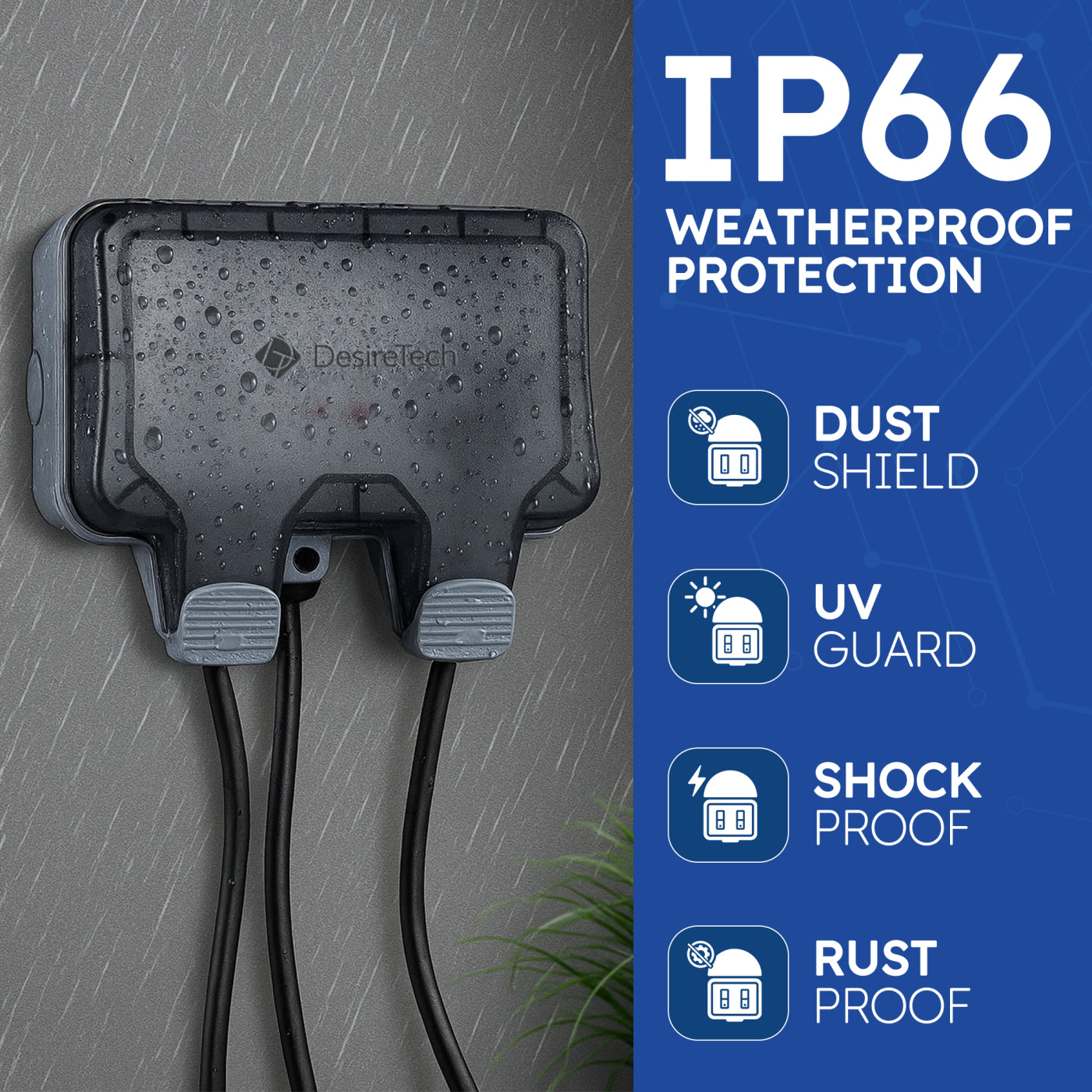 Desiretech Outdoor Double Switched Socket – IP66 Waterproof & Dustproof Socket – 2 Gang Plug with LED Indicators – High Impact PC Housing – Weatherproof Power Outlet for Sheds & Garages