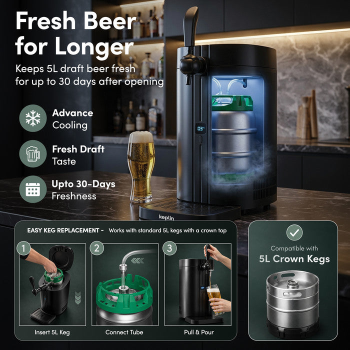 Keplin 5L beer dispenser keeping draft beer fresh for up to 30 days, with easy 3-step keg replacement – compatible with 5L crown kegs