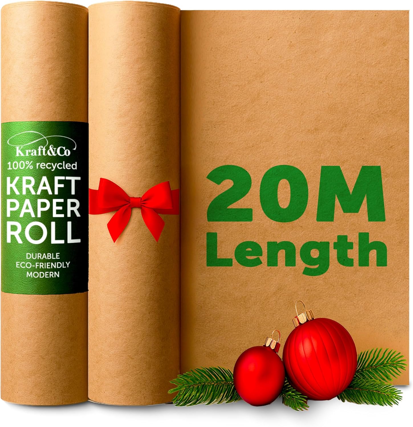 Kraft & Co Recycled Kraft Wrapping Paper Roll – 80gsm Durable Tear-Resistant Gift Wrap, Eco-Friendly, Recyclable & Biodegradable – All-Occasion Wrapping Paper