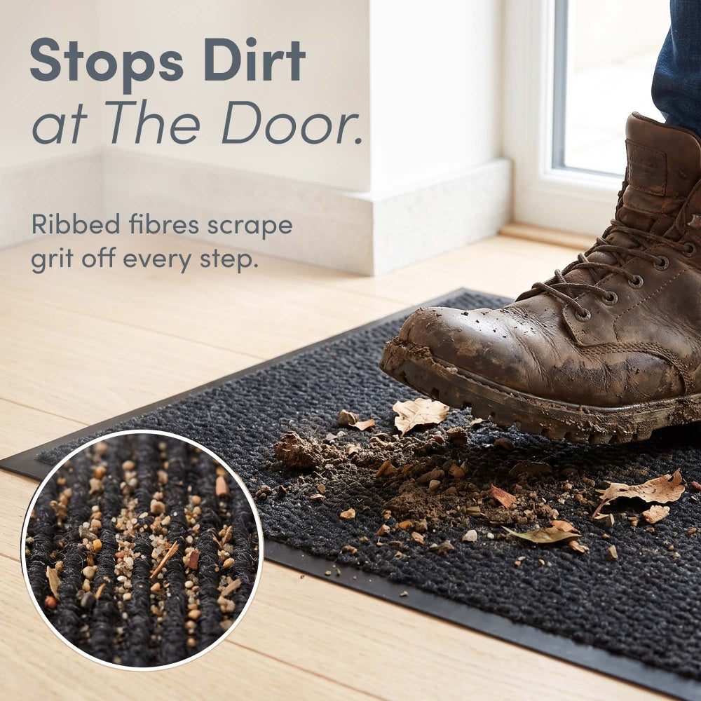 Muddy boot on ribbed fibres scraping grit off at the front door – Dirt Trapper Door Mat