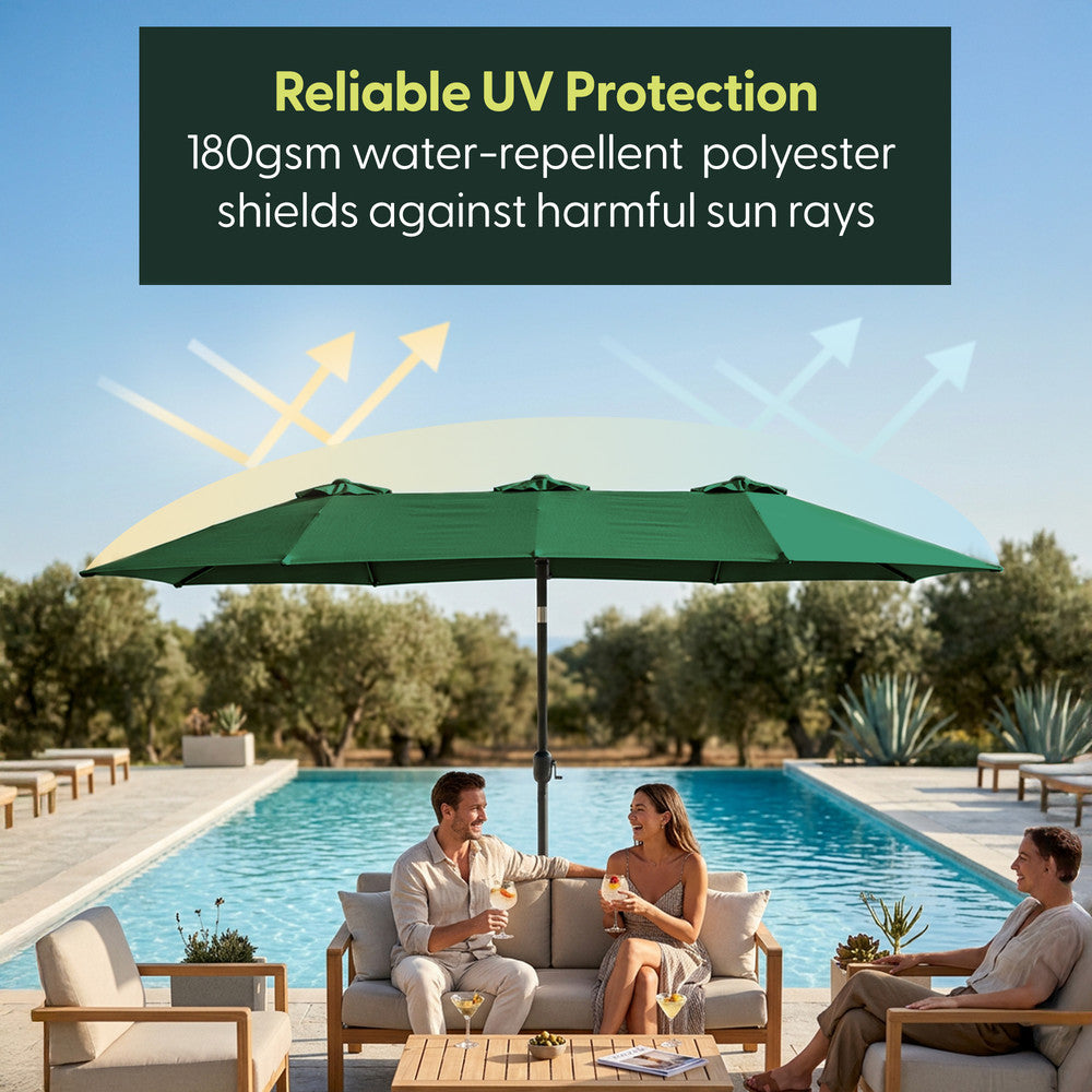 Green double parasol shading people by a poolside – UV and weather resistant 180gsm canopy