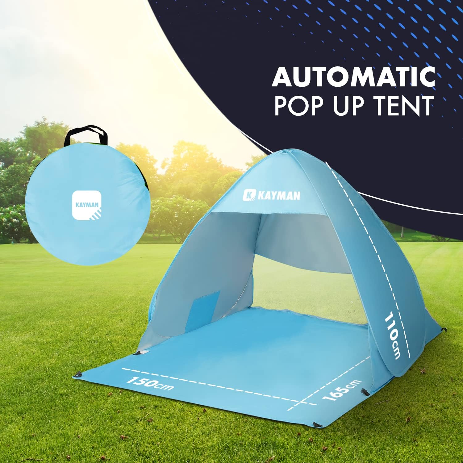 Kayman Pop-Up Beach Tent: UPF 50+ UV Protection for 3-4 People with Carrying Bag, Windproof Sun Shelter, Zipper Door, Ideal for Family, Pets, Park, Garden & Beach