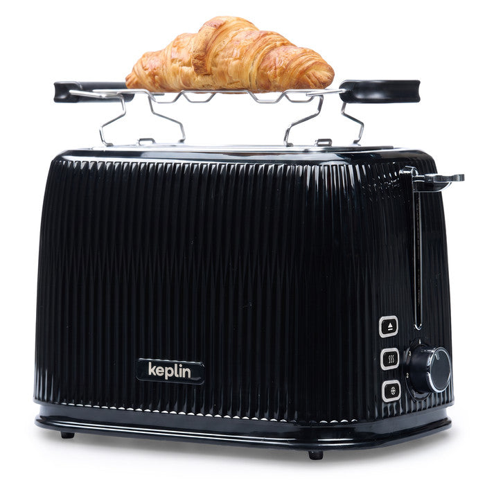 Keplin 2 slice toaster in black with croissants on the warming rack